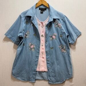 Maurada Embroidered Denim Shirt Set Womens Size M Blue Pink Floral Cottagecore